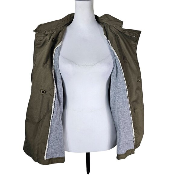 ANTHROPOLOGIE Hei Hei Sequin Sleeve Jacket Sz L Army Green Swing Double Breasted - Picture 11 of 13